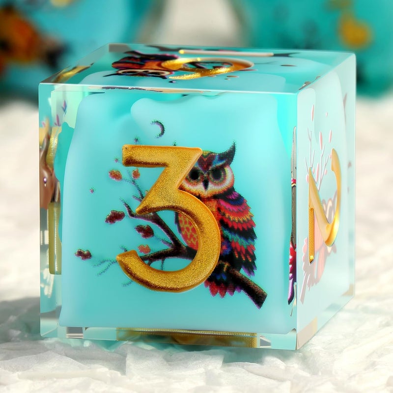 DNDND Owl Aqua Blue Translucent Resin Dice Set - 7-Piece Sharp Edge RPG Dice for D&D with Stickers, Handcrafted Premium Metal Case Gift - Image 2